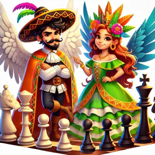 KI generiertes Bild von zwei Fantasiewesen mit Flügeln auf einem Schachbrett